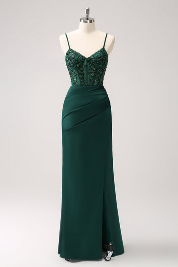 Dark Green Sheath Spaghetti Straps Satin Long Bridesmaid Dress with Slit